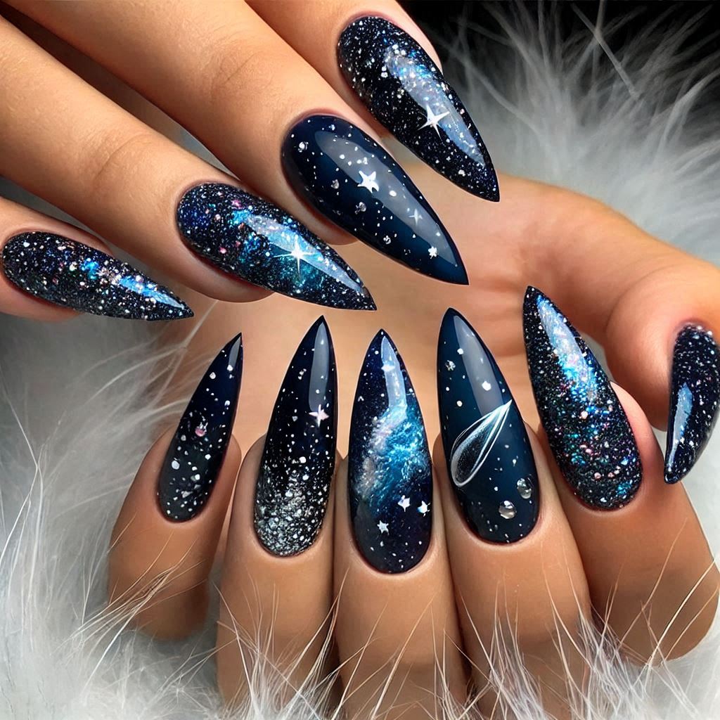 Midnight Blue Galaxy Nails