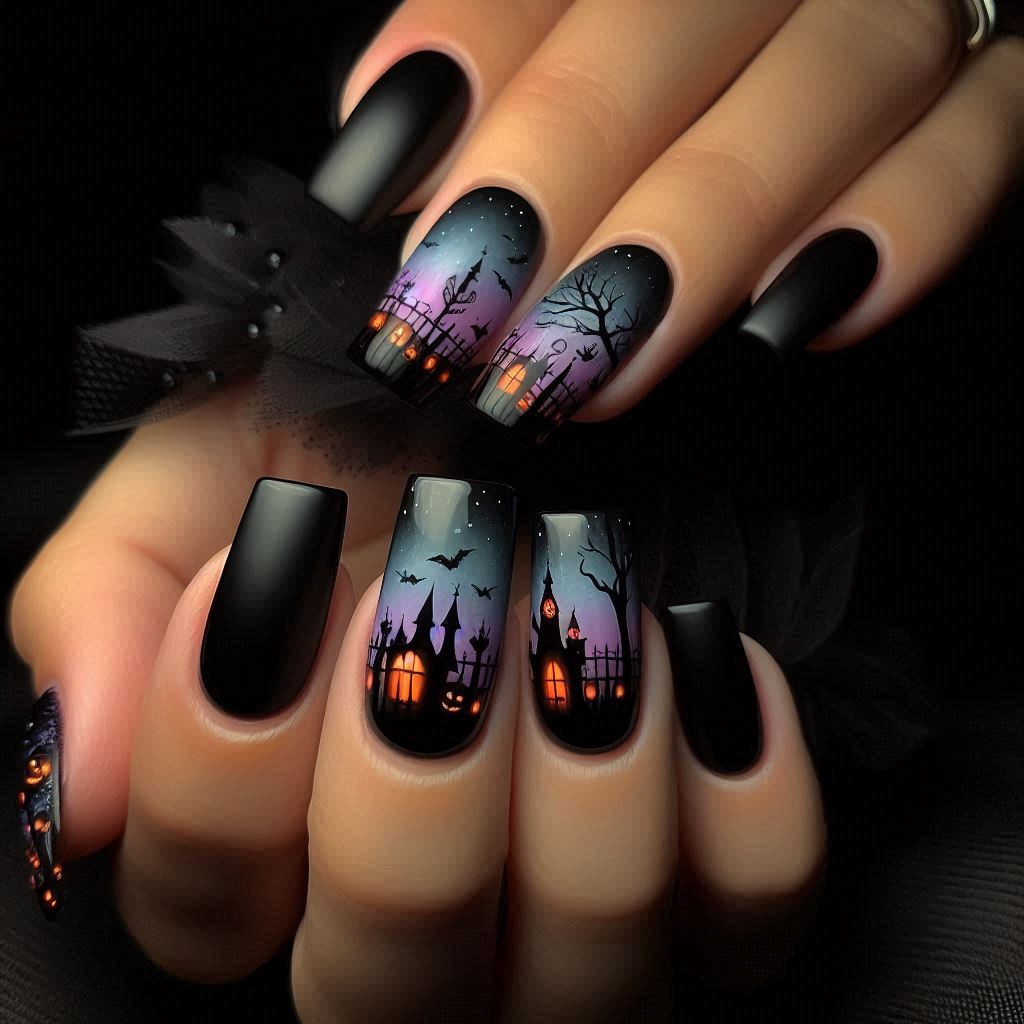 Halloween Town Skyline Nails