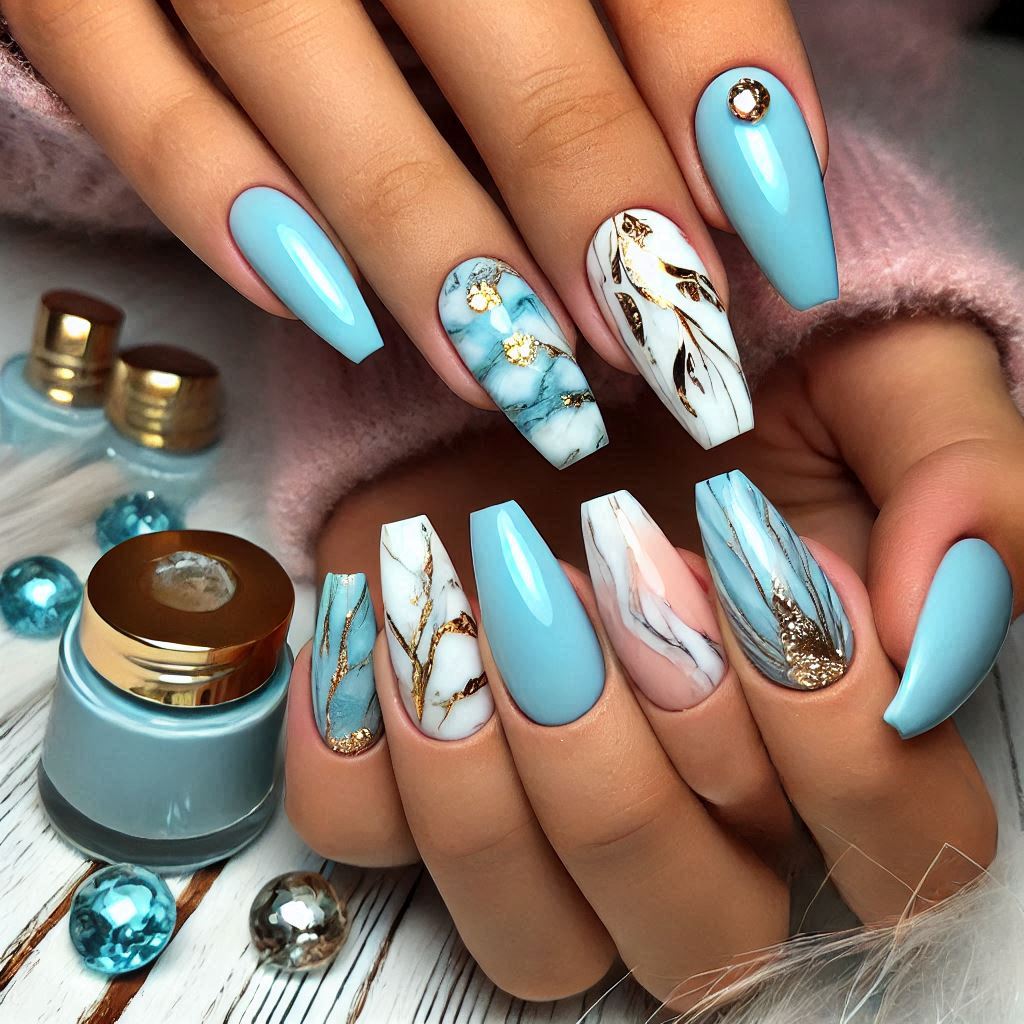 Marble Effect Light Blue Nails