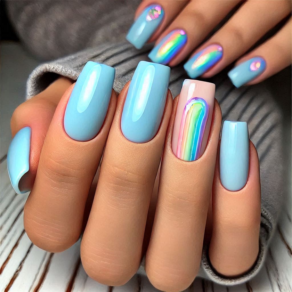 Pastel Rainbow Nails with a Light Blue Base
