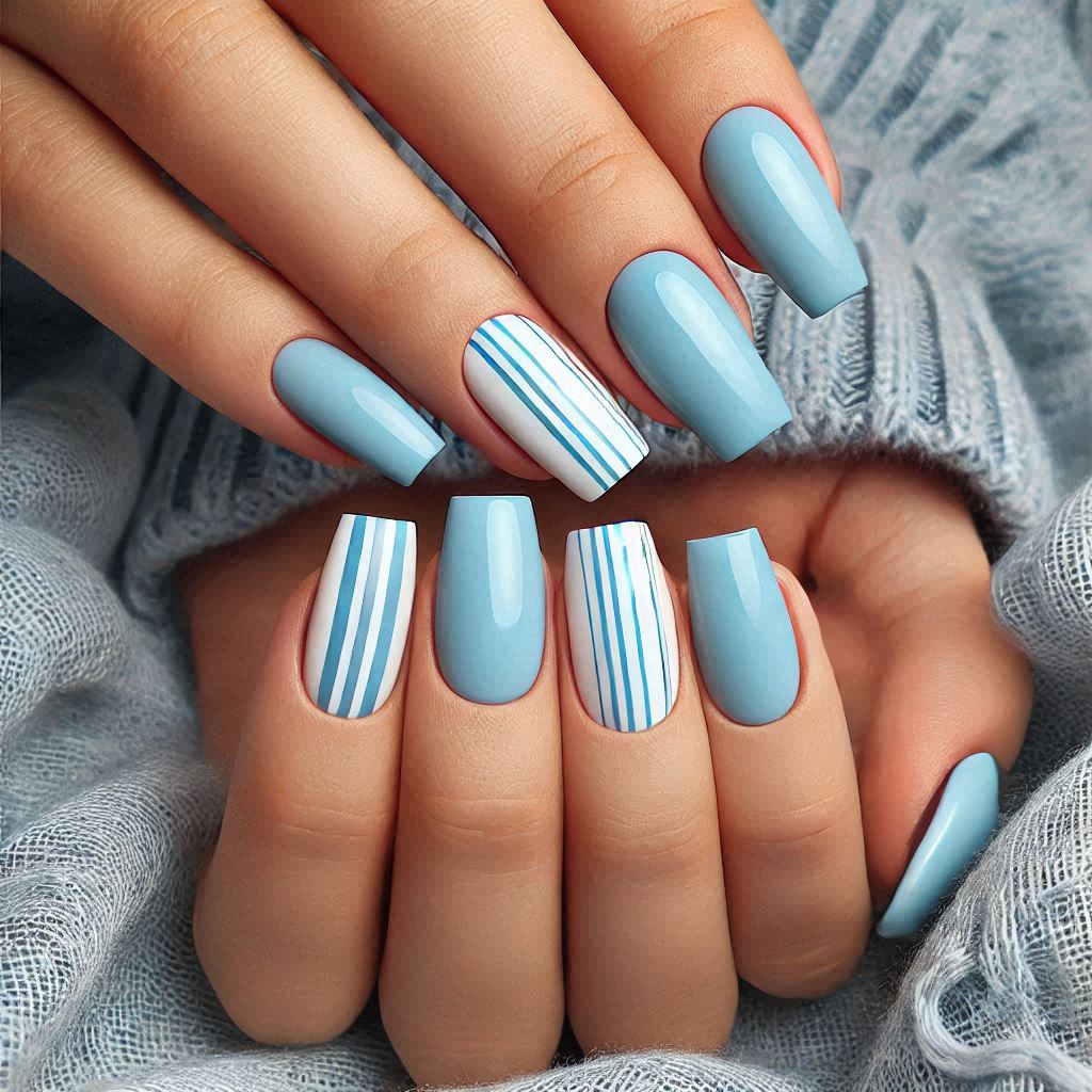 Minimalistic Striped Light Blue Nails