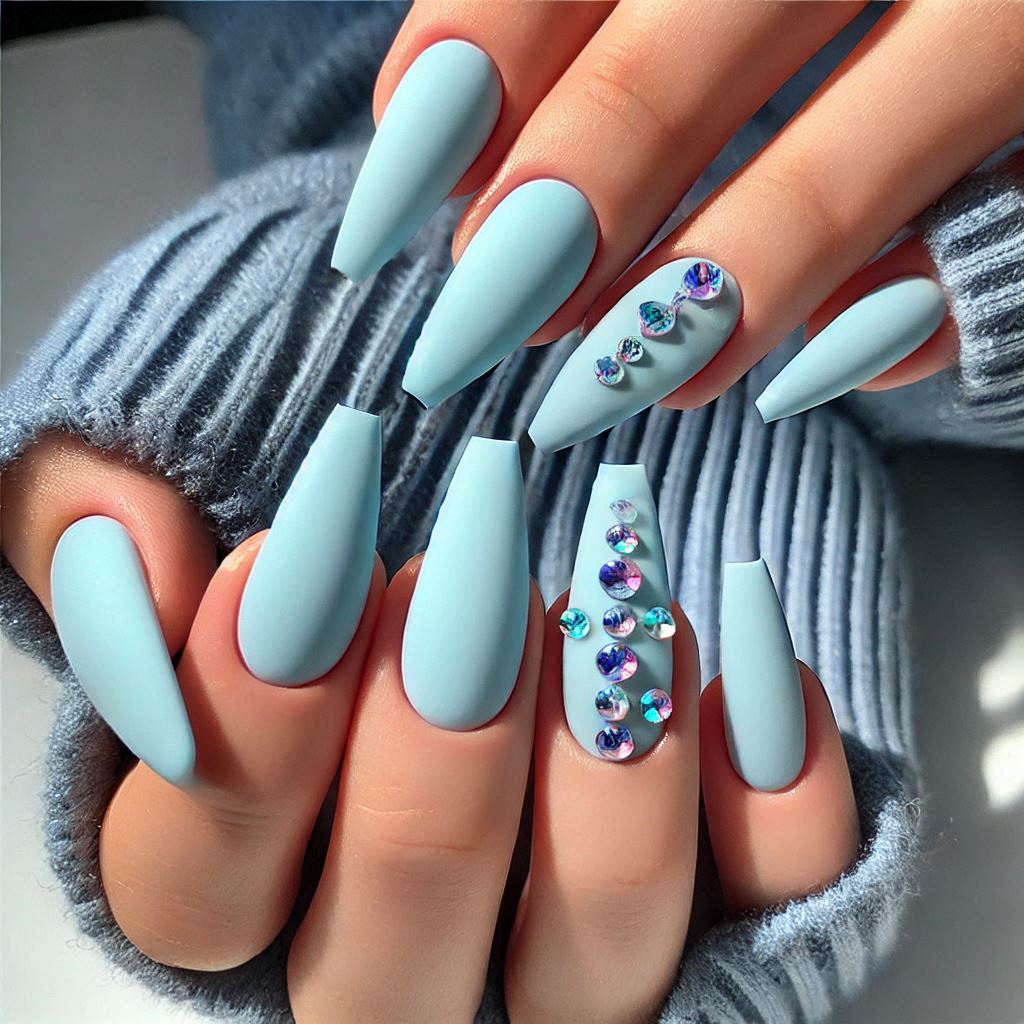 Light Blue Matte Nails with Rhinestones