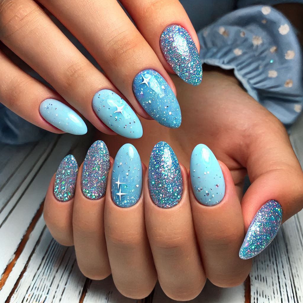 Glittery Sky Blue Nails