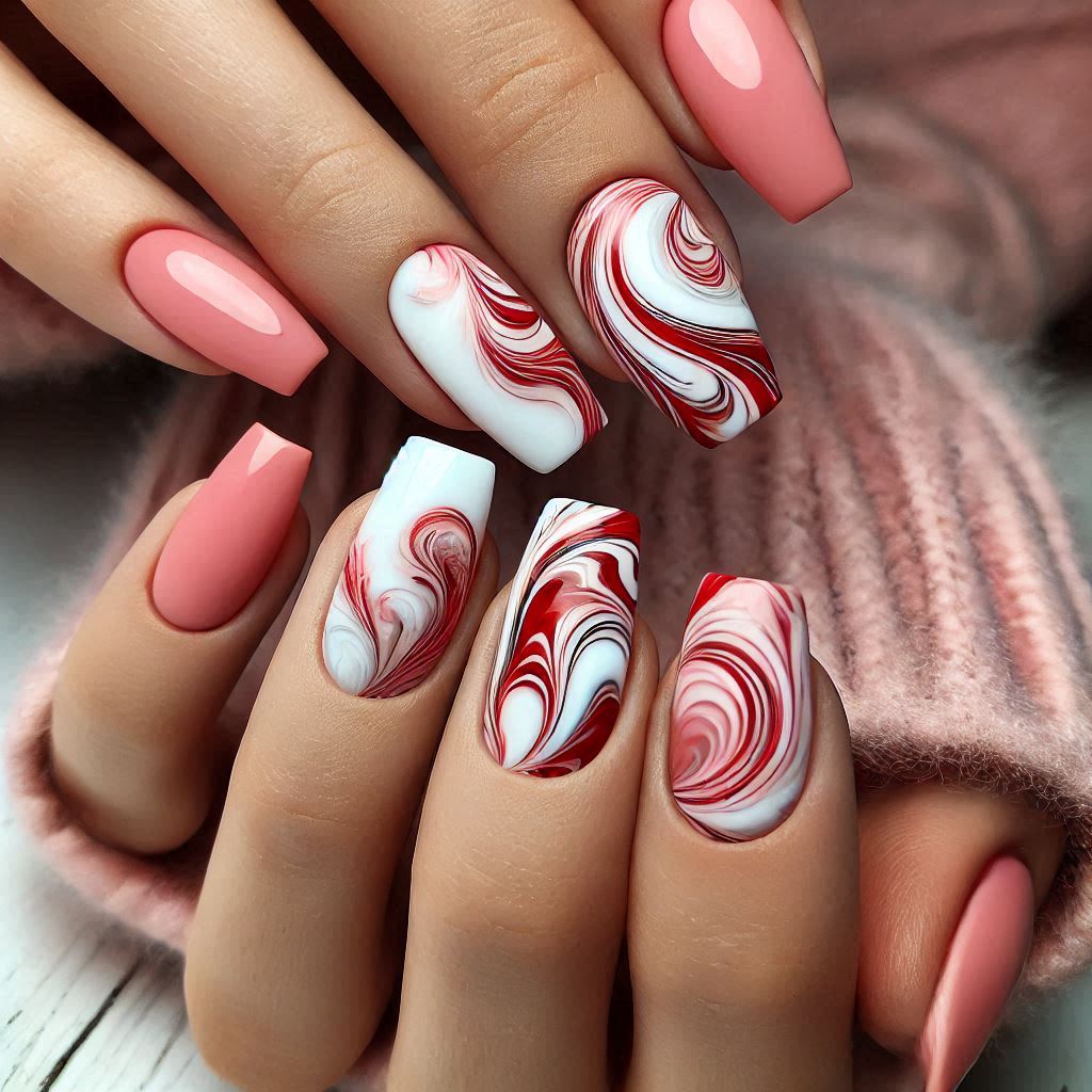 Red and White Marble Nails