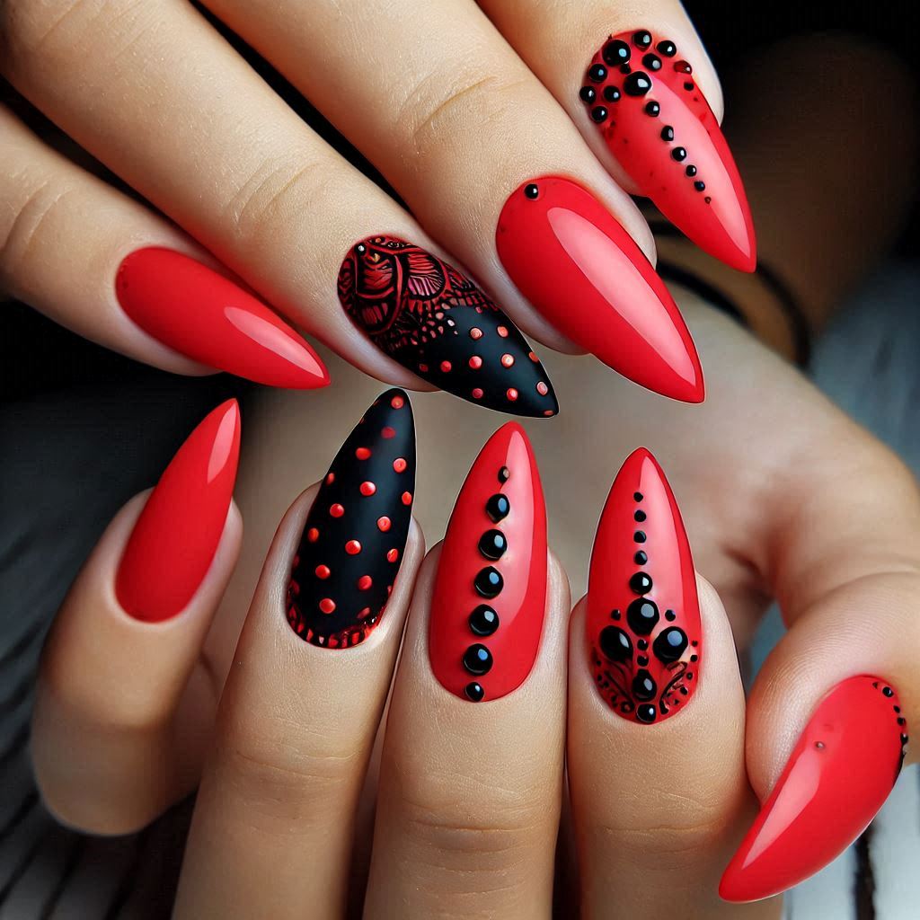 Red Gothic Almond Nails with Black Dots