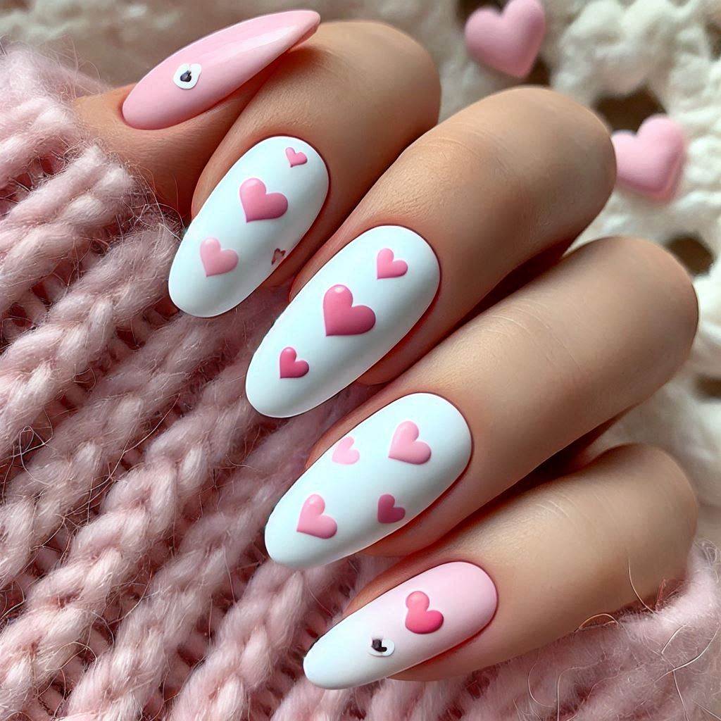 Pink Heart and White Base Nails