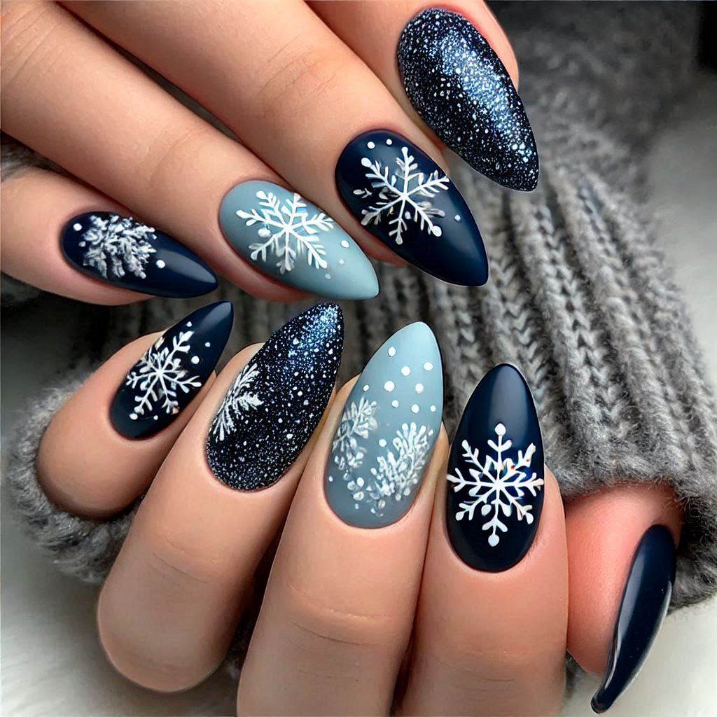 Christmas-themed snowflake nails