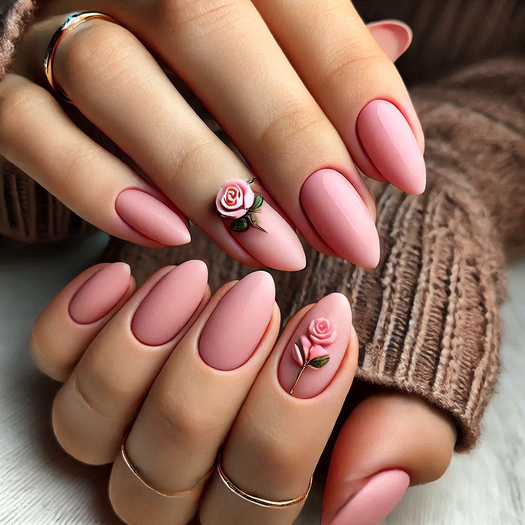 Pink almond nails with rose design