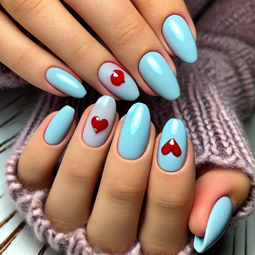 Powder Blue and Red Heart Nails