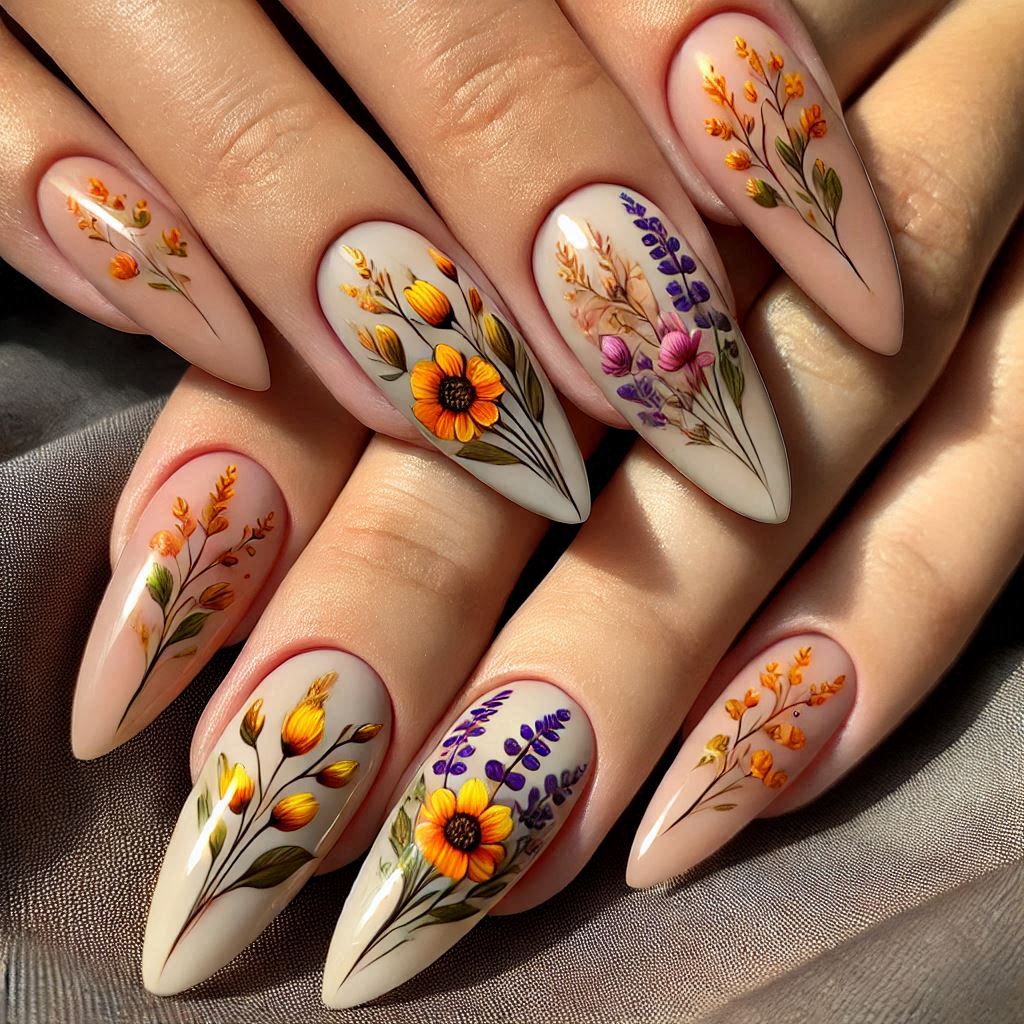 Fall Floral Acrylic Almond Nails