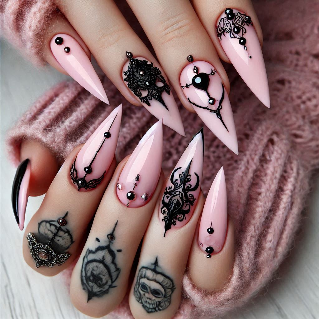 Gothic Pastel Pink Nails with Black Detailing