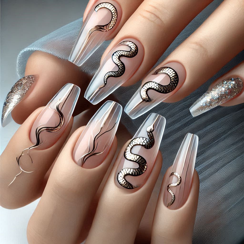 Snake Motif on Transparent Nails