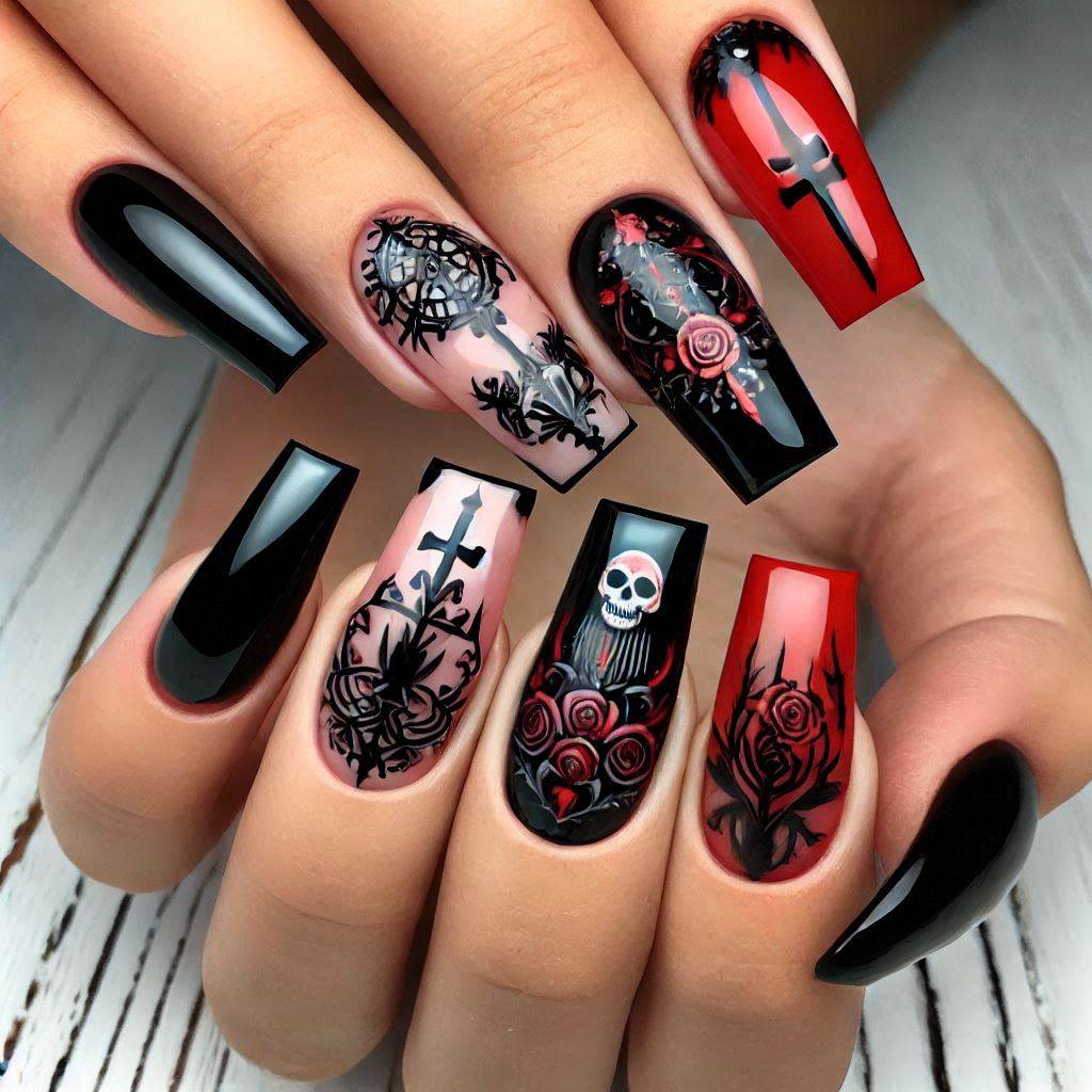 Gothic Red and Black Acrylic Square Nails