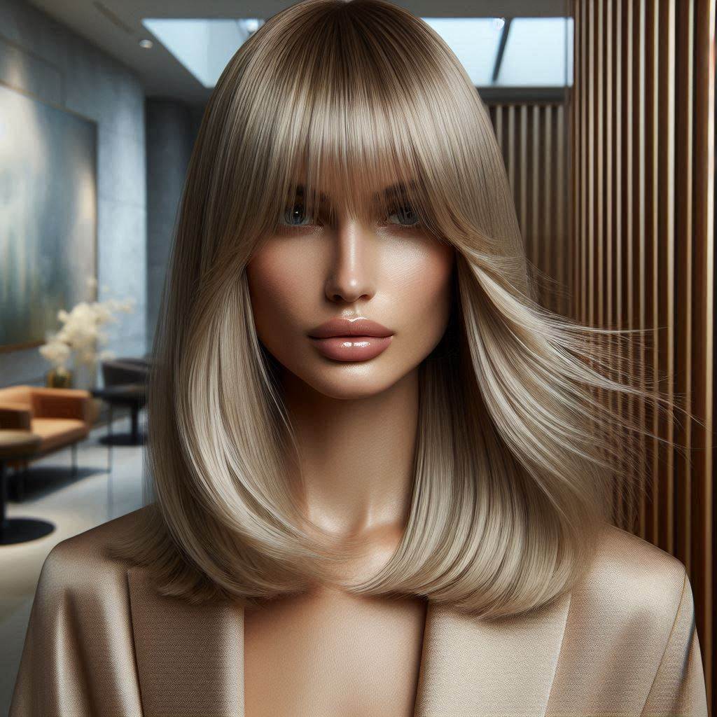 Sleek Collarbone-Length Blonde with Curtain Bangs