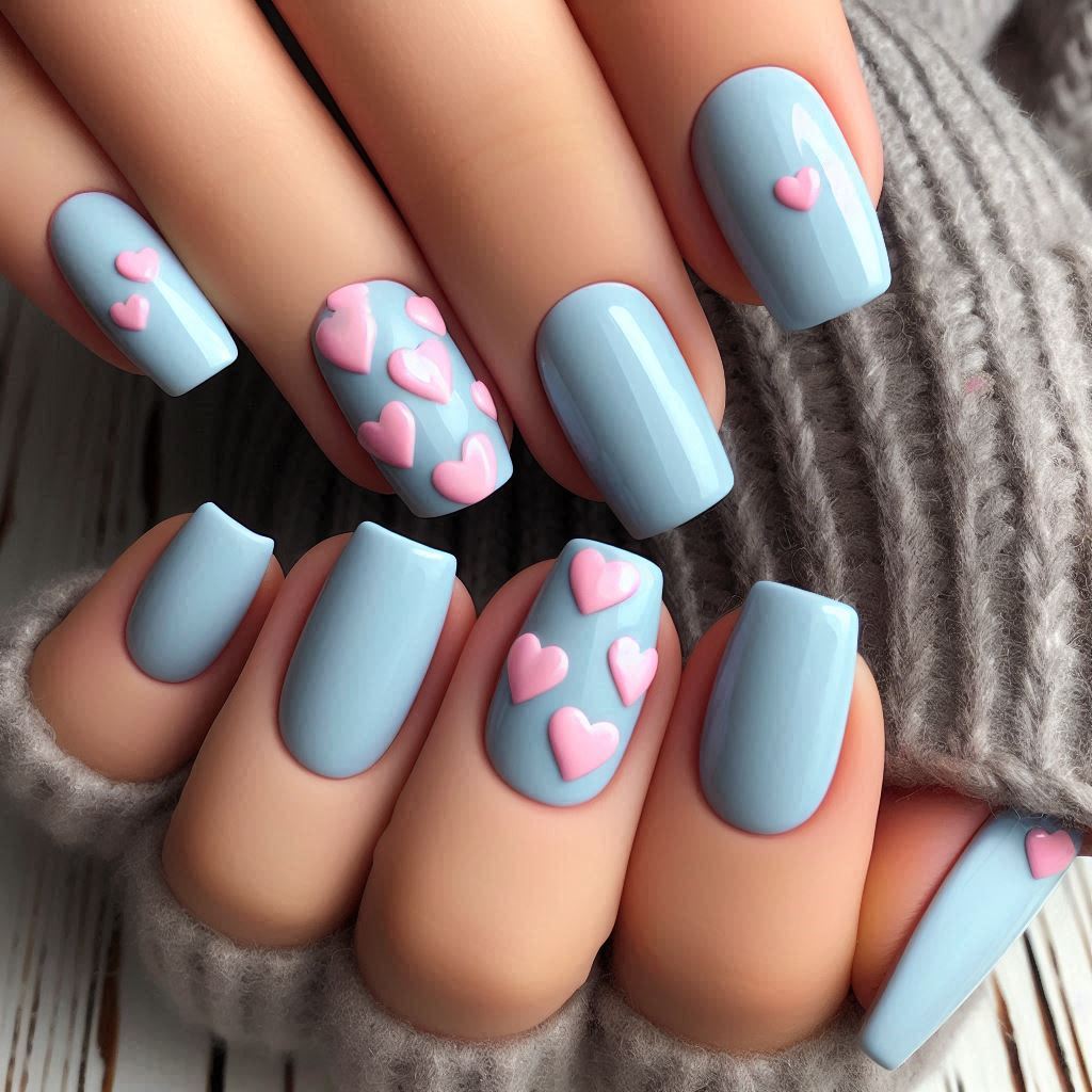 Cute Light Blue Nails with Pink Hearts