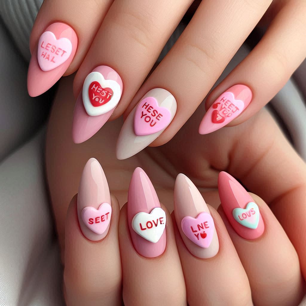 Pastel Pink and Red Short Almond Nails