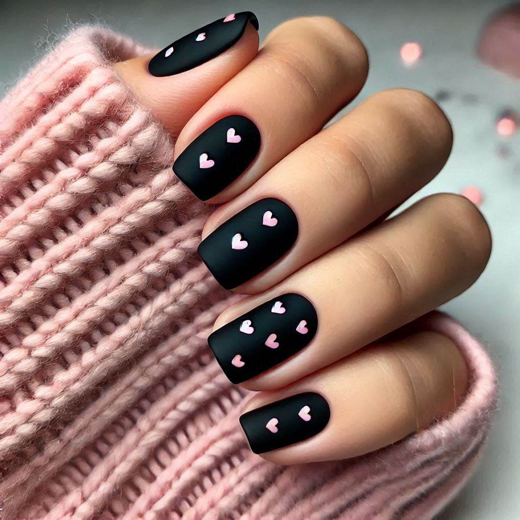 Cute Black Short Nails with Pink Hearts