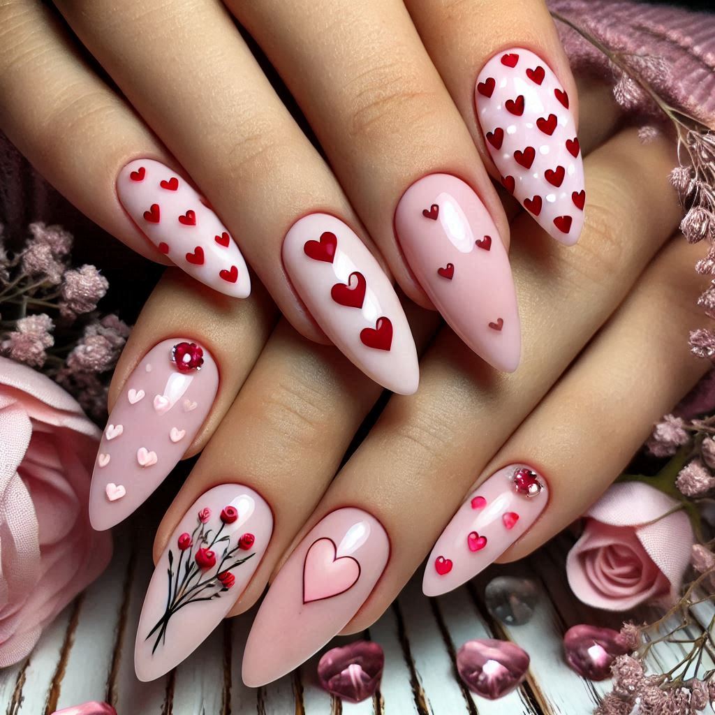 Cute almond nails with pink hearts