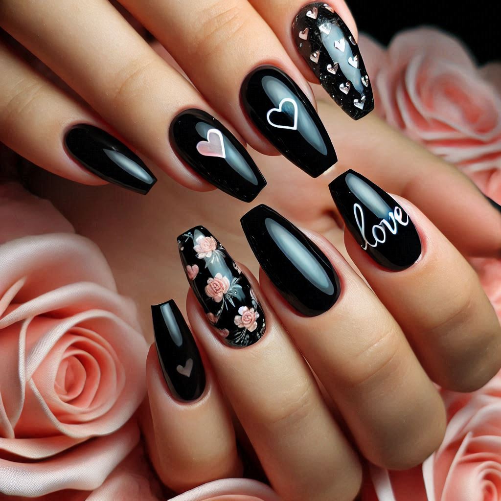 Simple Gel Black Nails with White Love Letters