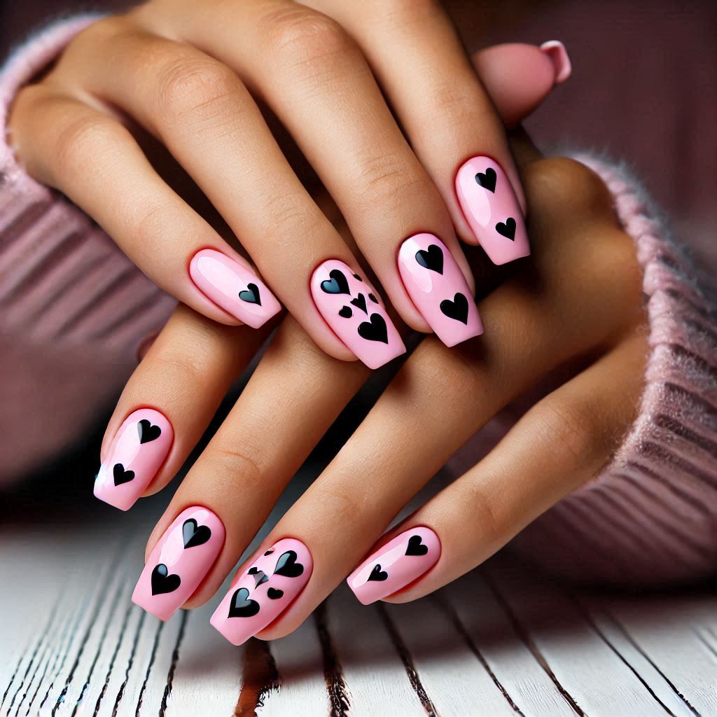 Short pink acrylic nails with black hearts