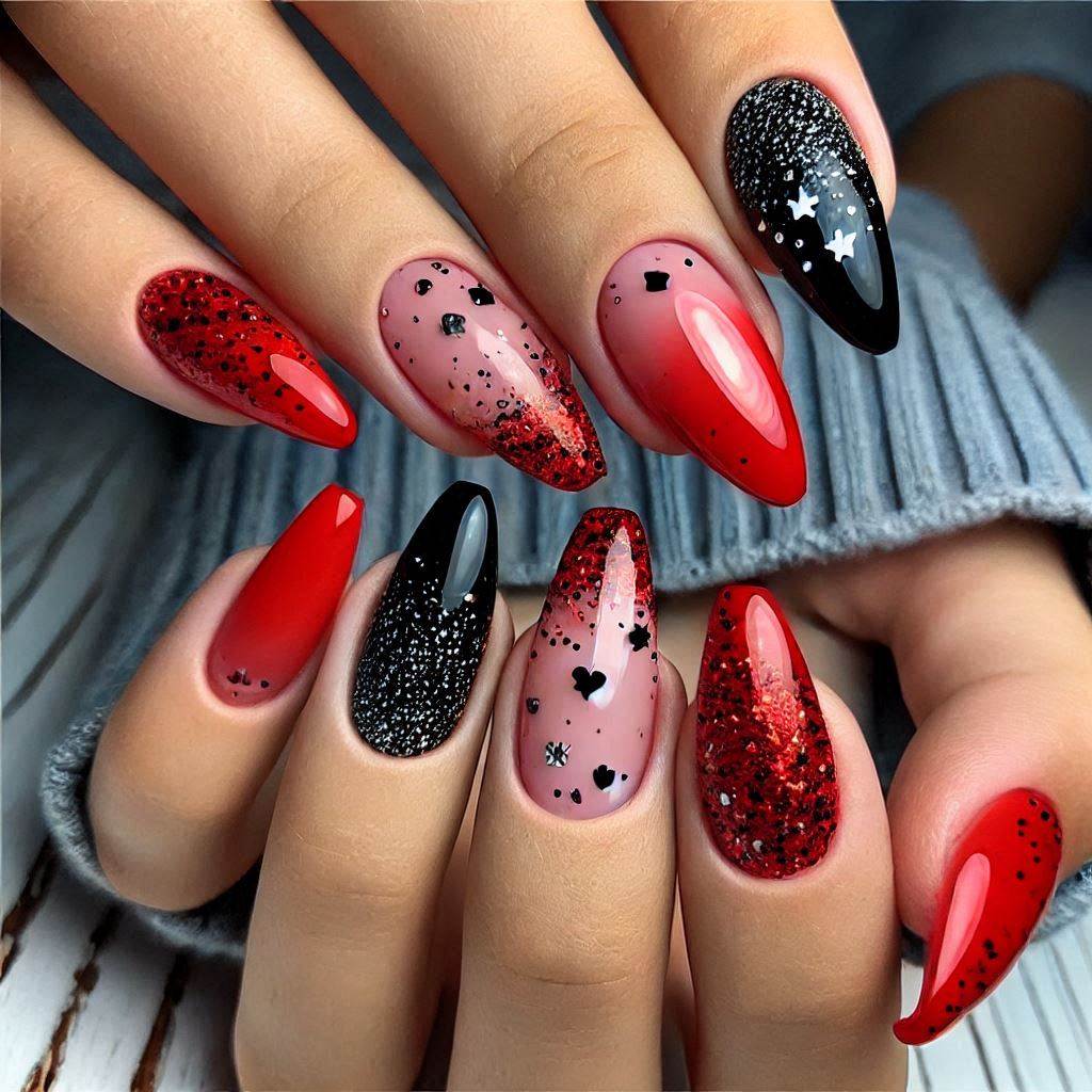 Red and Black Gothic Nails with Stars