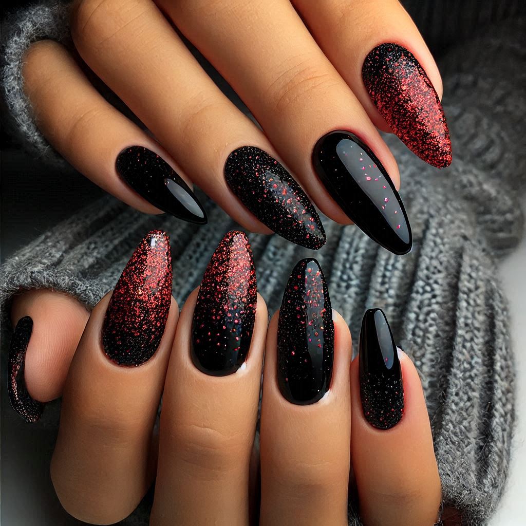 Black nails with red glitter ombre