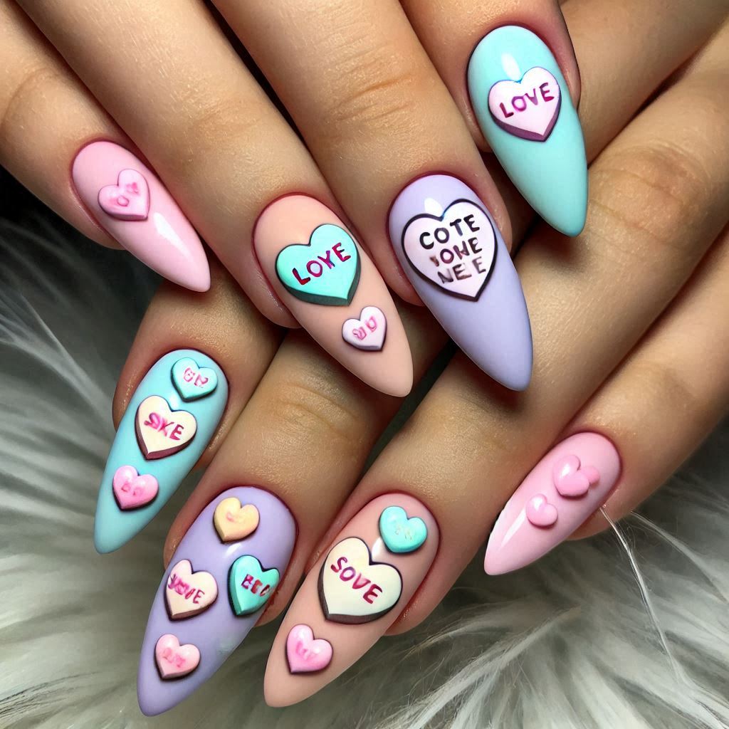 Classic Candy Conversation Hearts on Almond Nails