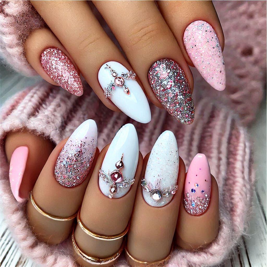 White and Pink Glitter Nails