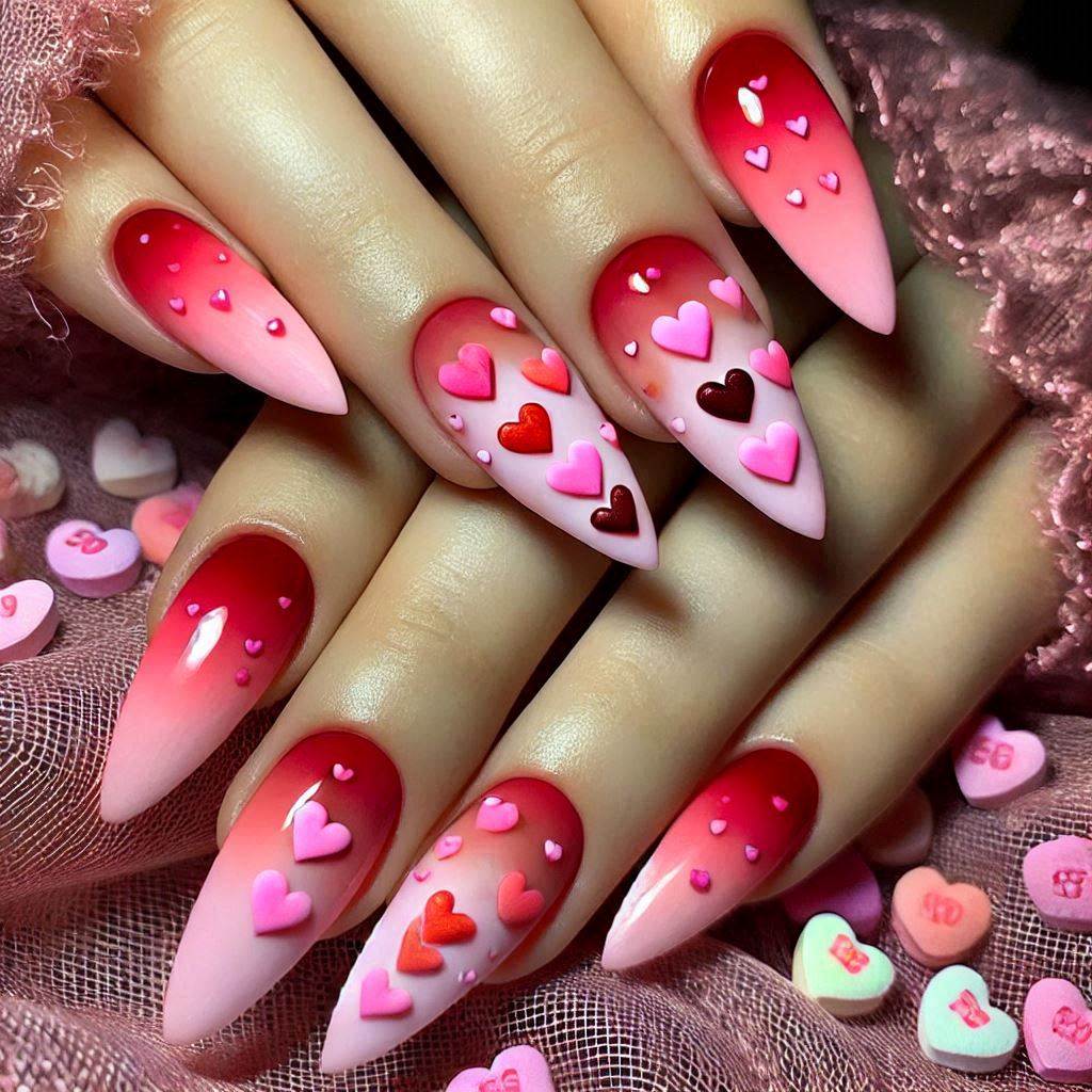 Almond Shaped Red and Pink Gradient with Hearts