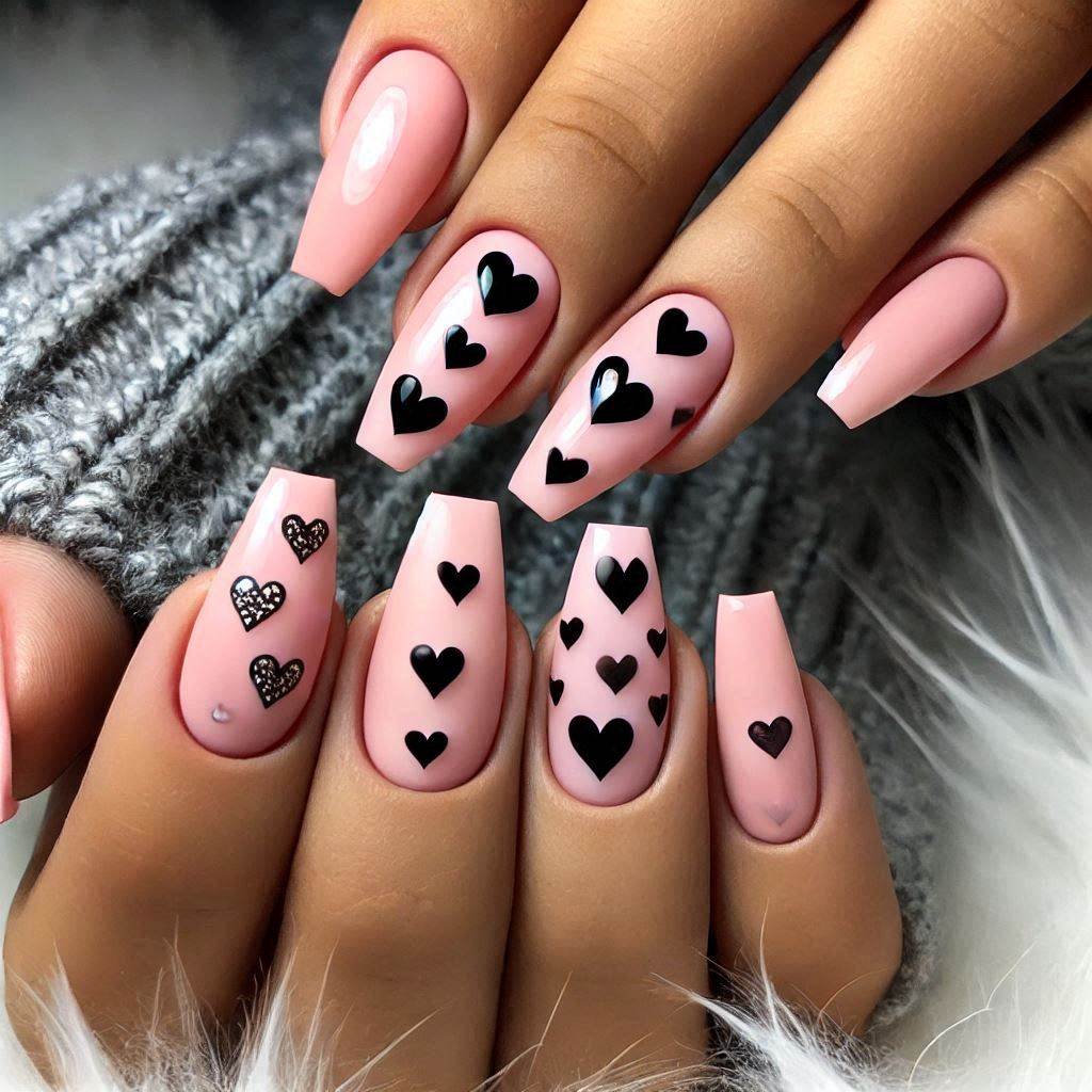 Sweet pink nails with black heart designs