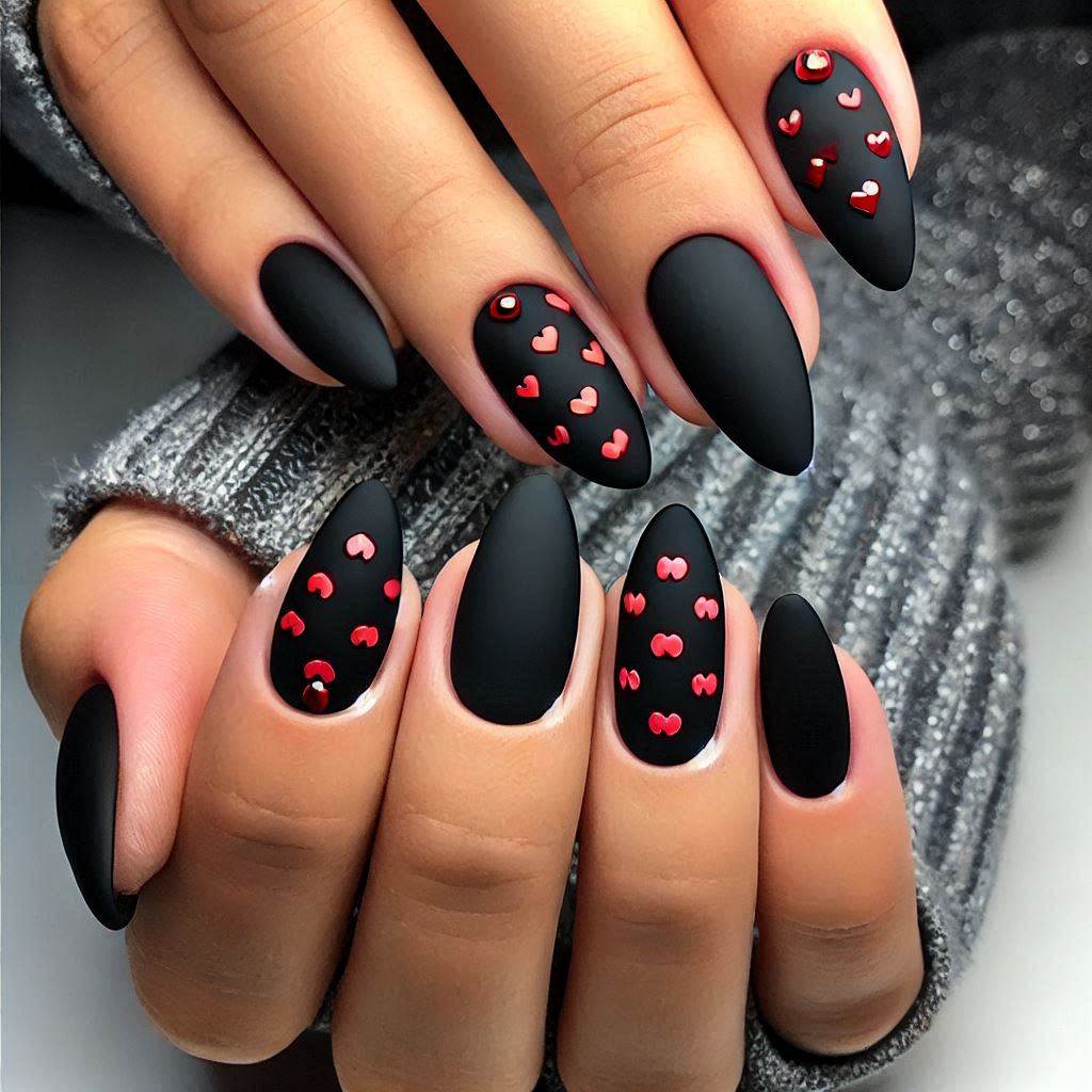 Black Matte Nails with Red Heart Detailing