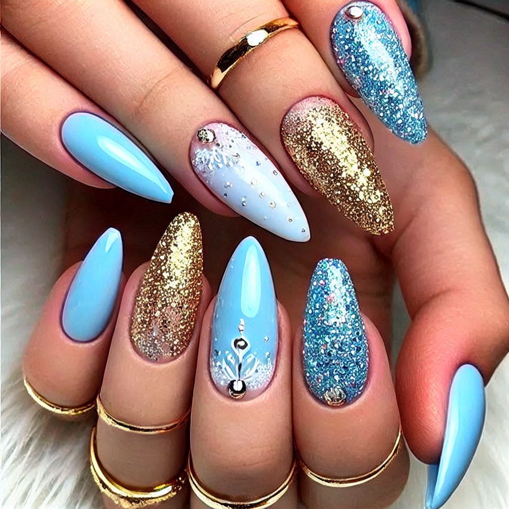 Sky Blue with White and Gold Glitter Tips