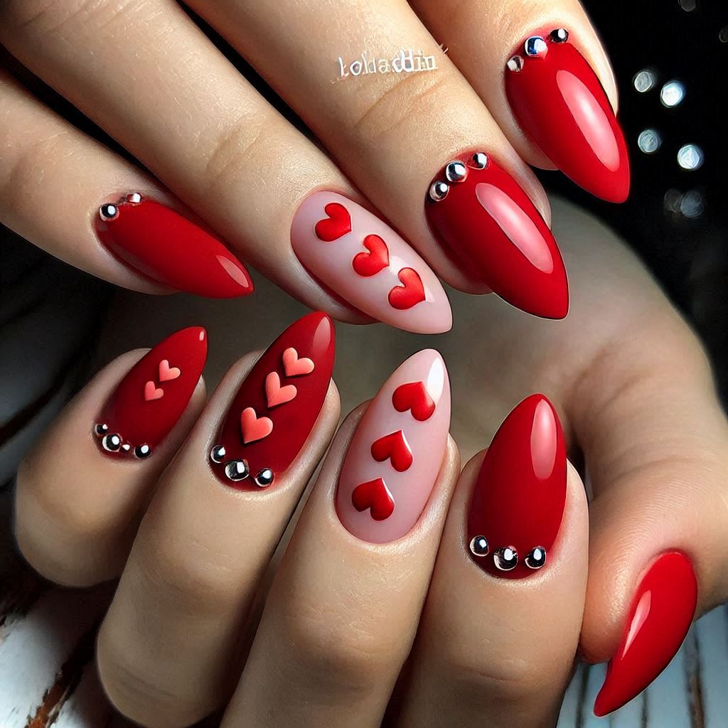 Romantic Red Almond Nails with Heart Detailing