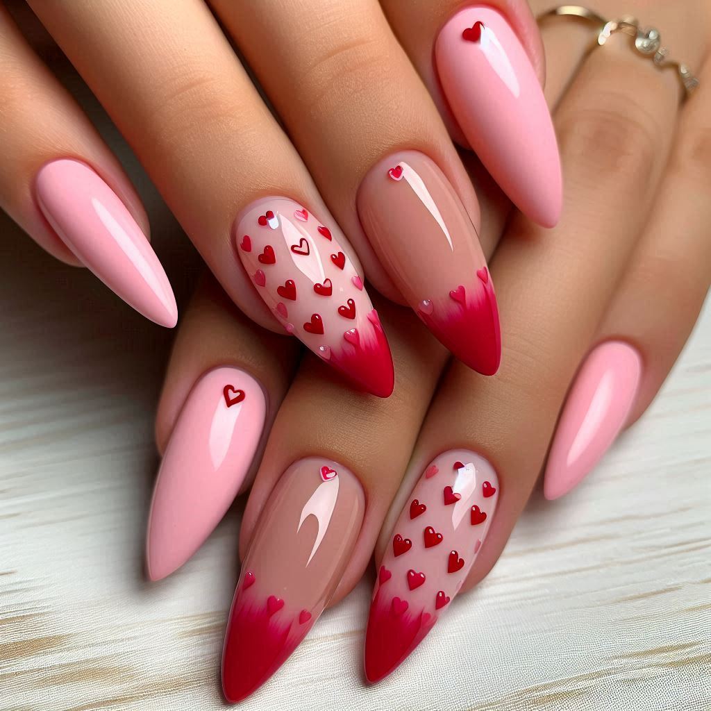 Short pink and red heart nails