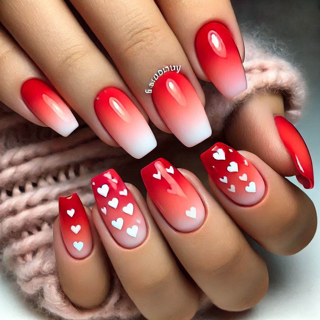 Red gradient nails with white hearts