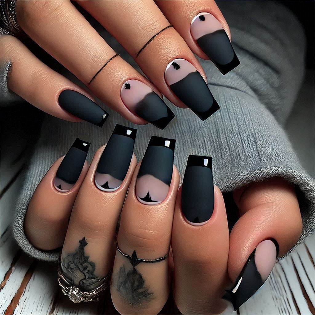 Acrylic Matte Black with French Tip on Square Nails