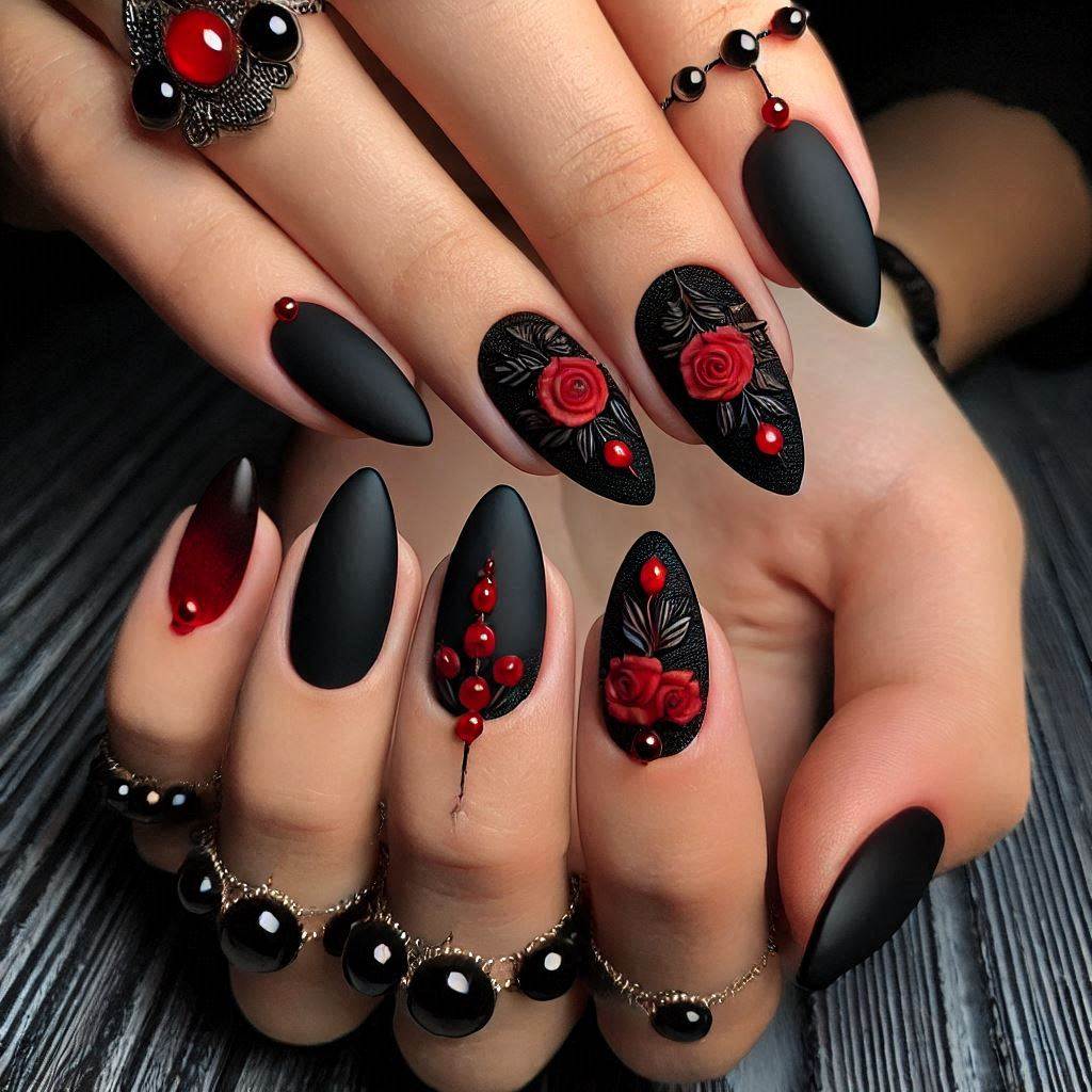 Black Almond Nails with Red Nail Art