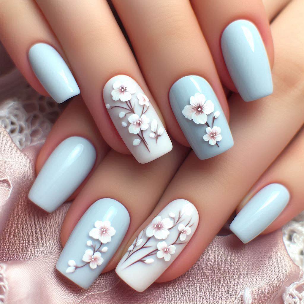 Blue Pastel Flower Nail Art