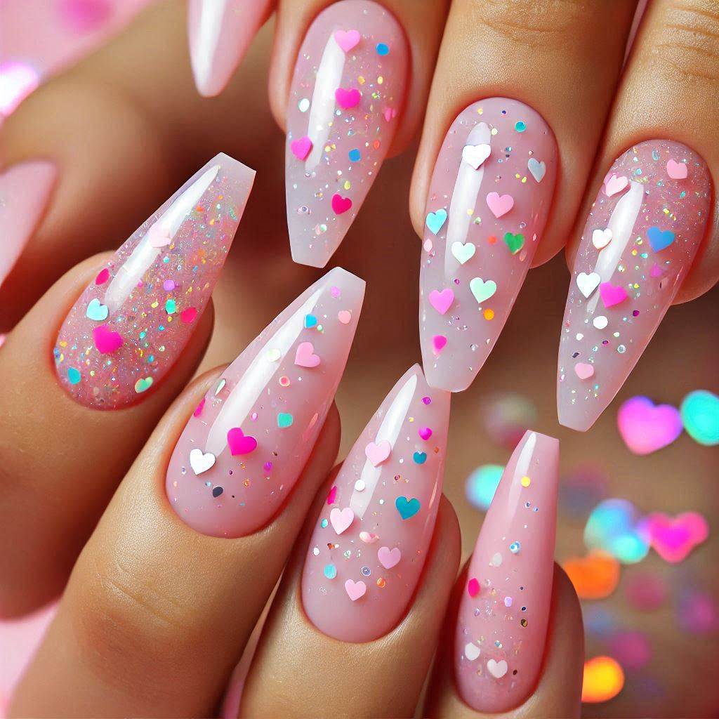 Pink acrylic nails with heart-shaped confetti