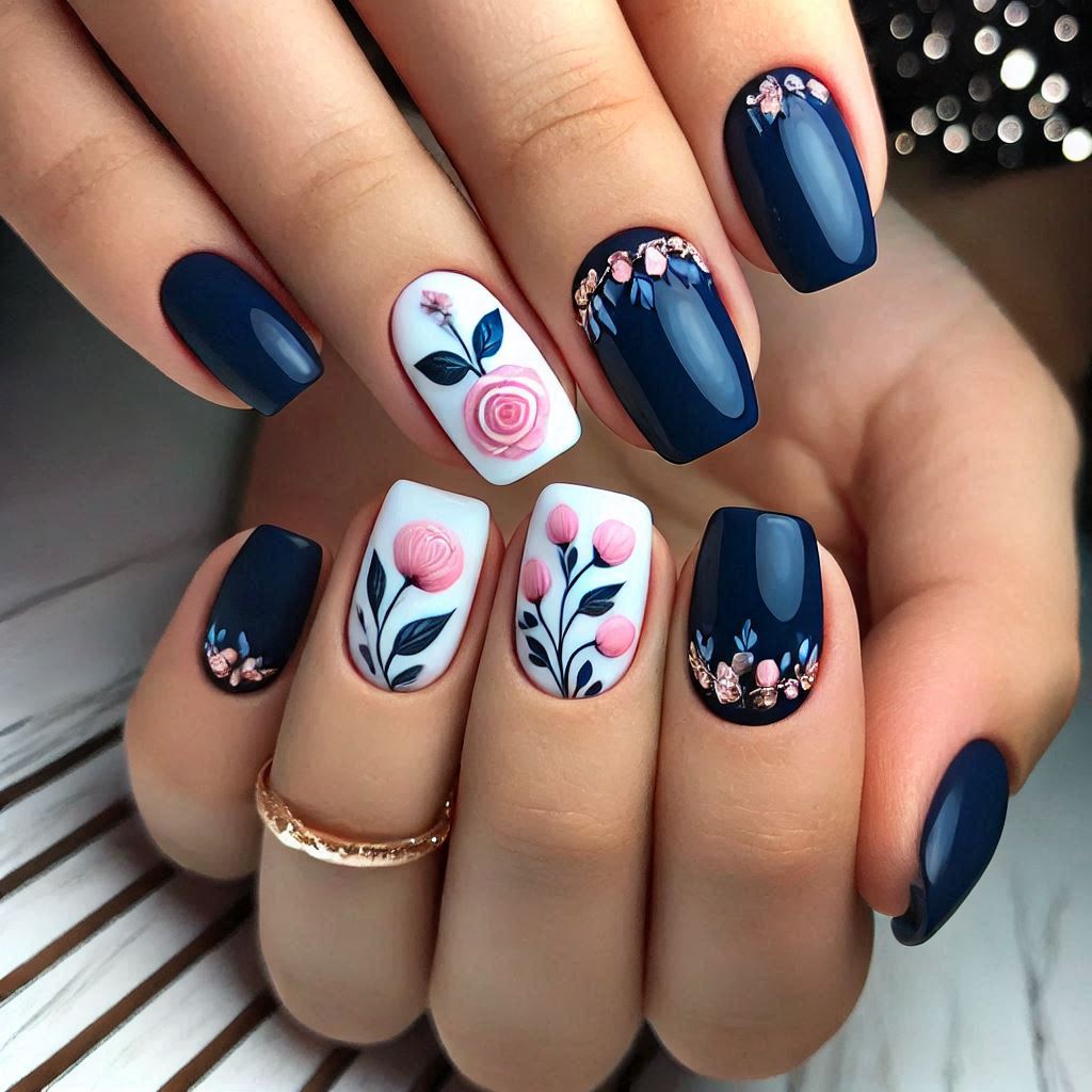 Short Navy Blue Nails with White and Pink Art