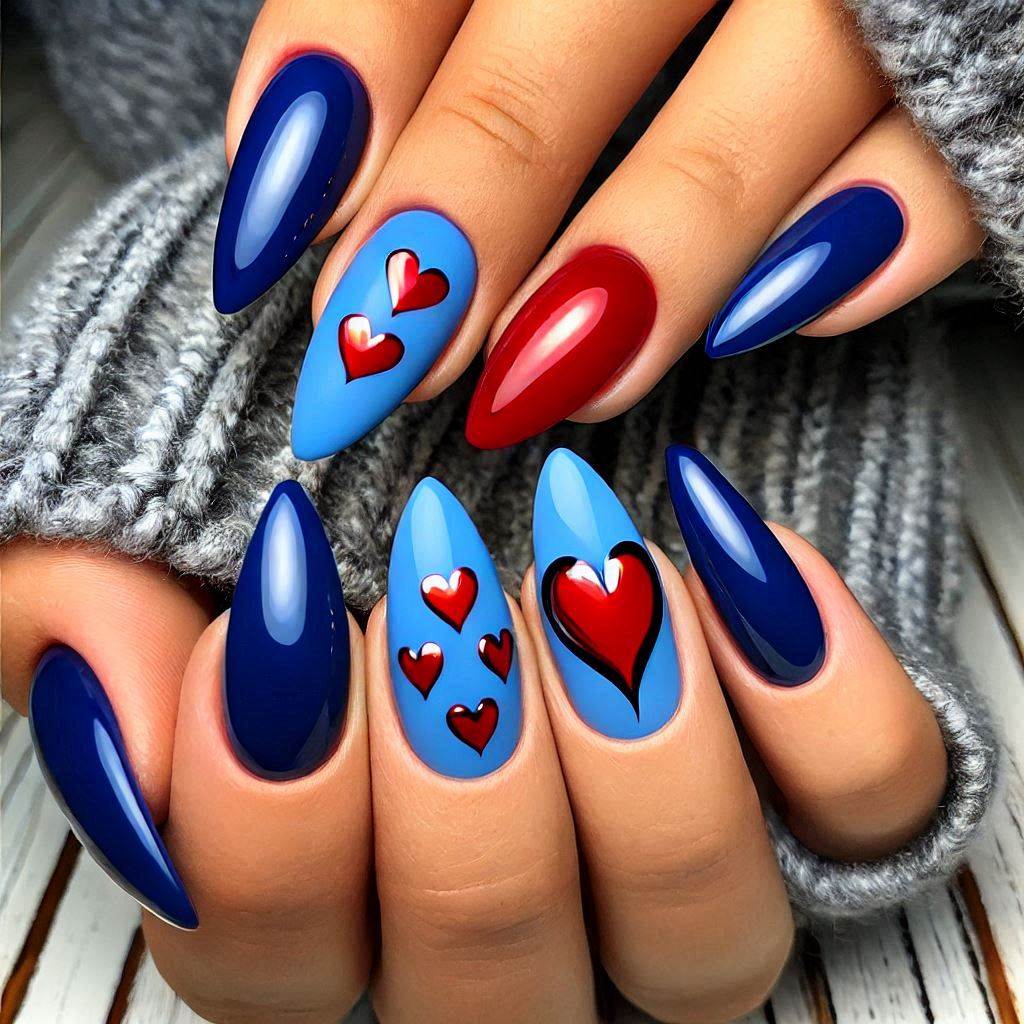 Royal Blue with Red Heart Nail Art