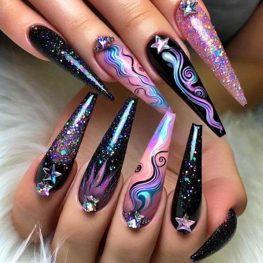 Galaxy Glam: Glittering Cosmic Nails