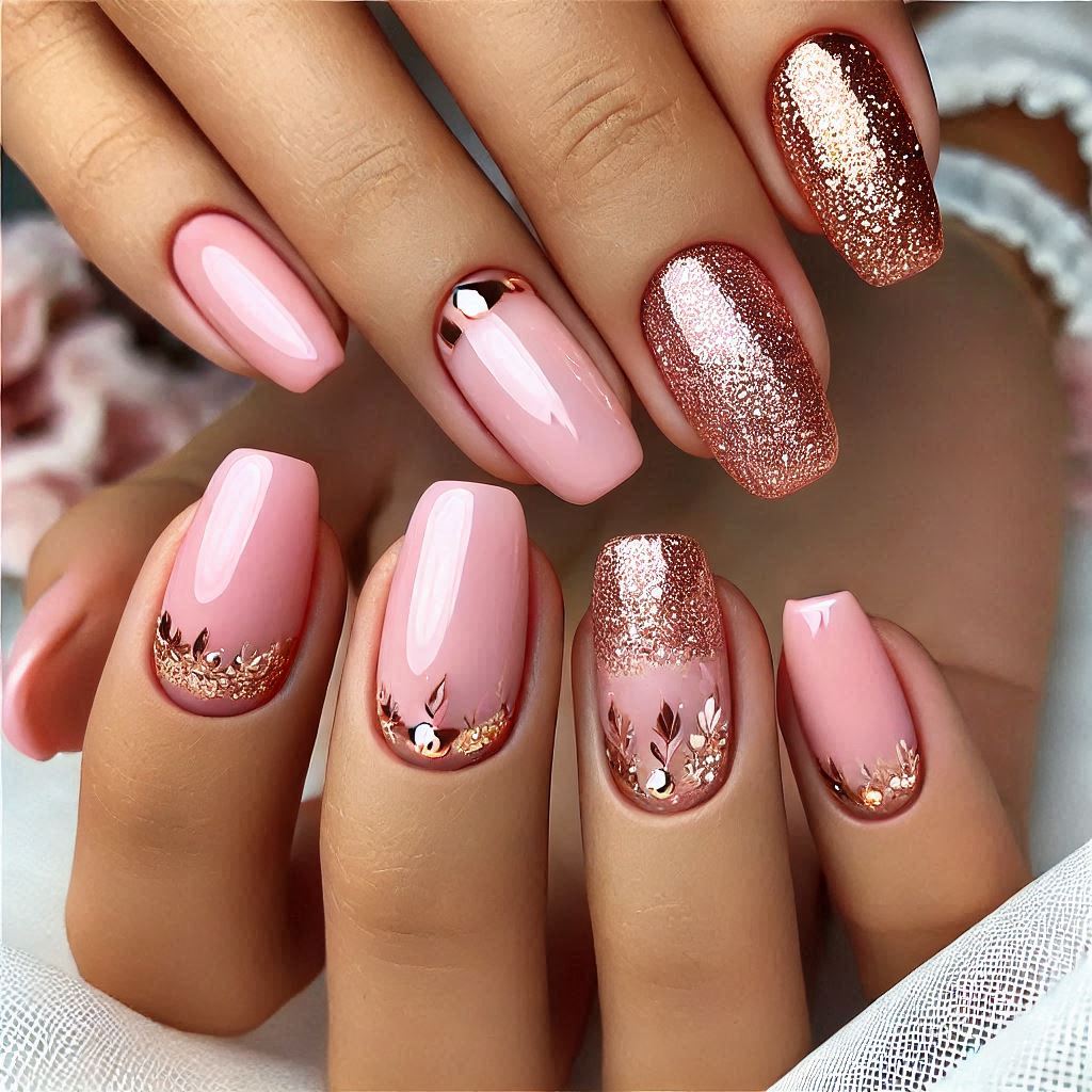Pink and Gold Glitter Nails