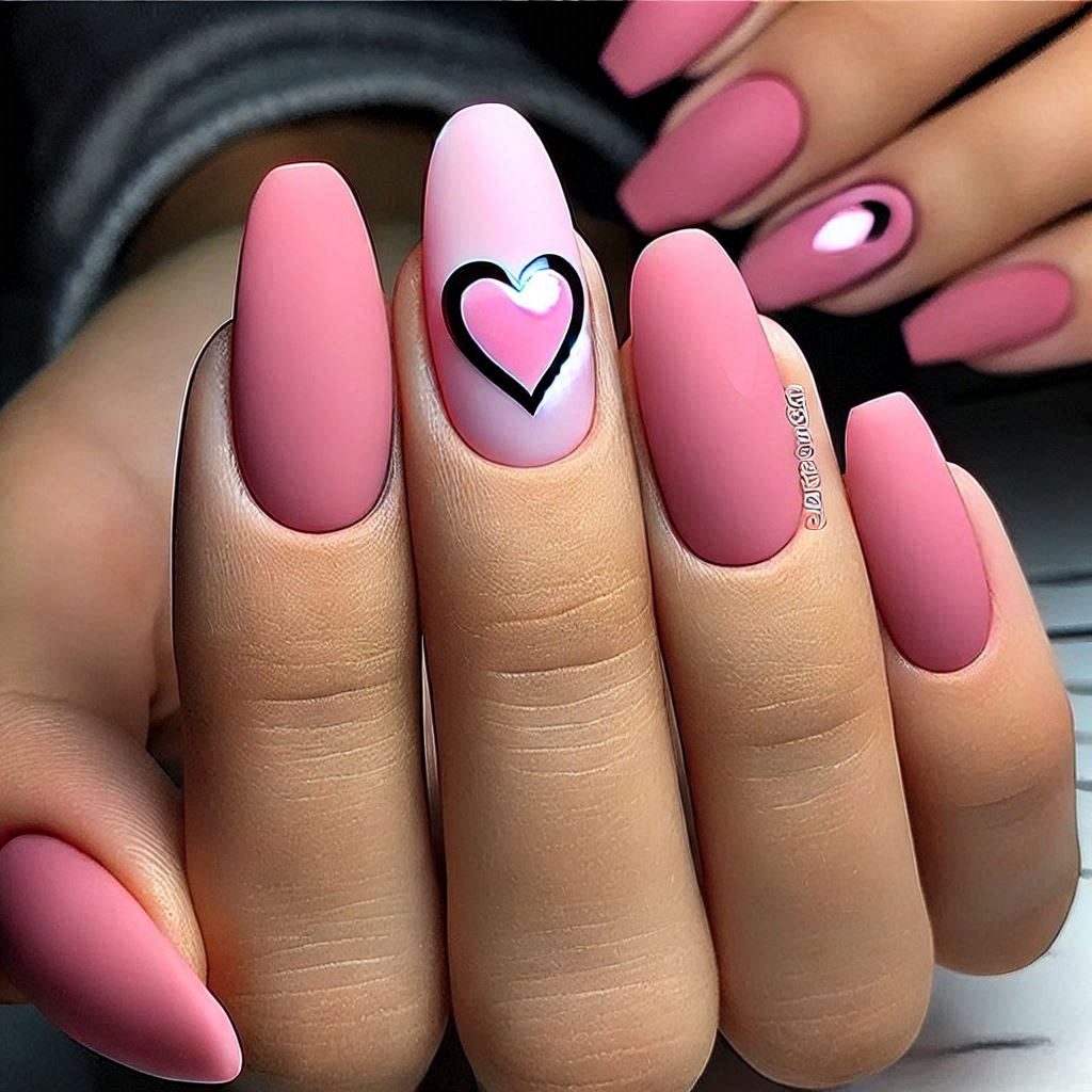 Matte Pink Nails with a Glossy Heart Accent