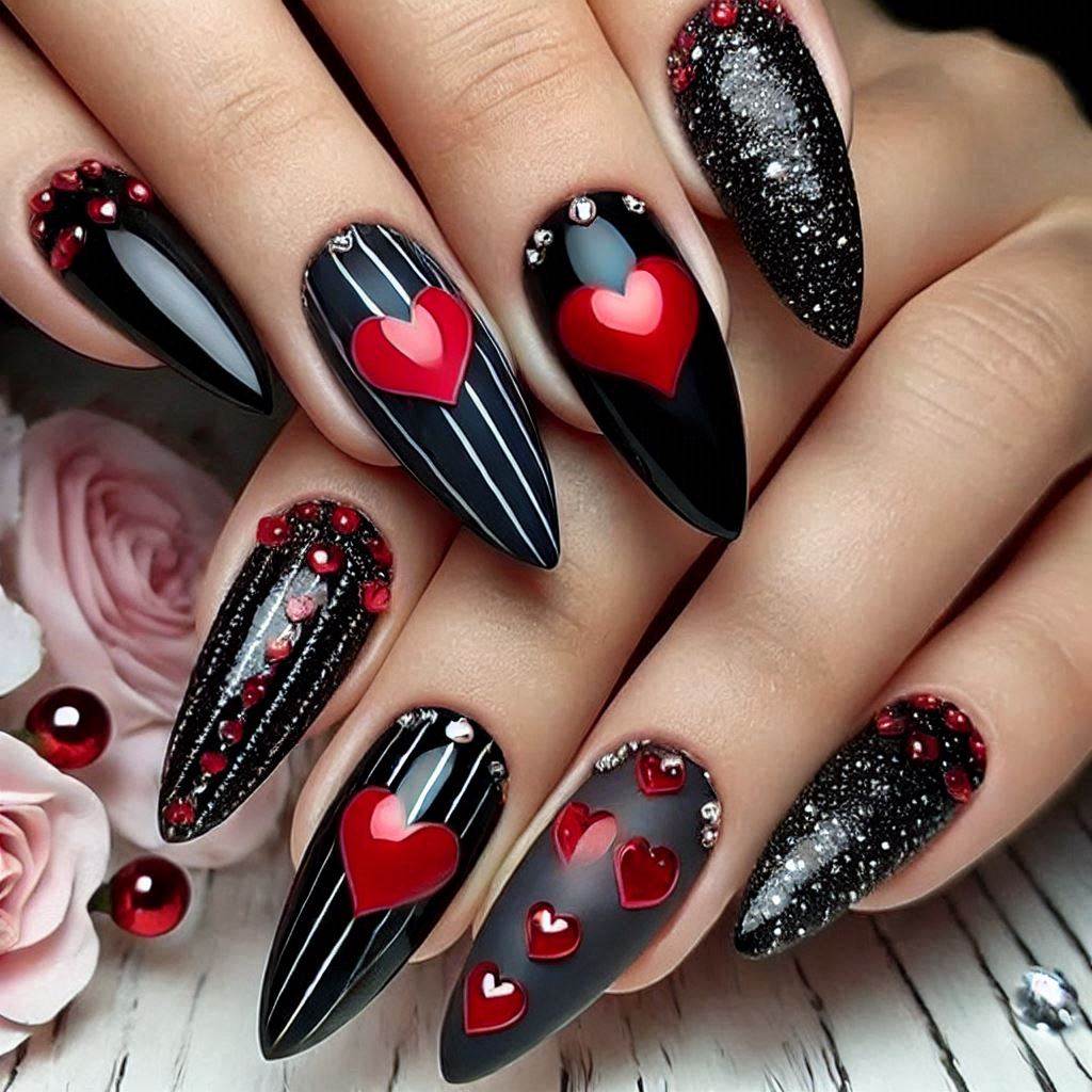 Black and Red Heart Nails with Silver Detailing