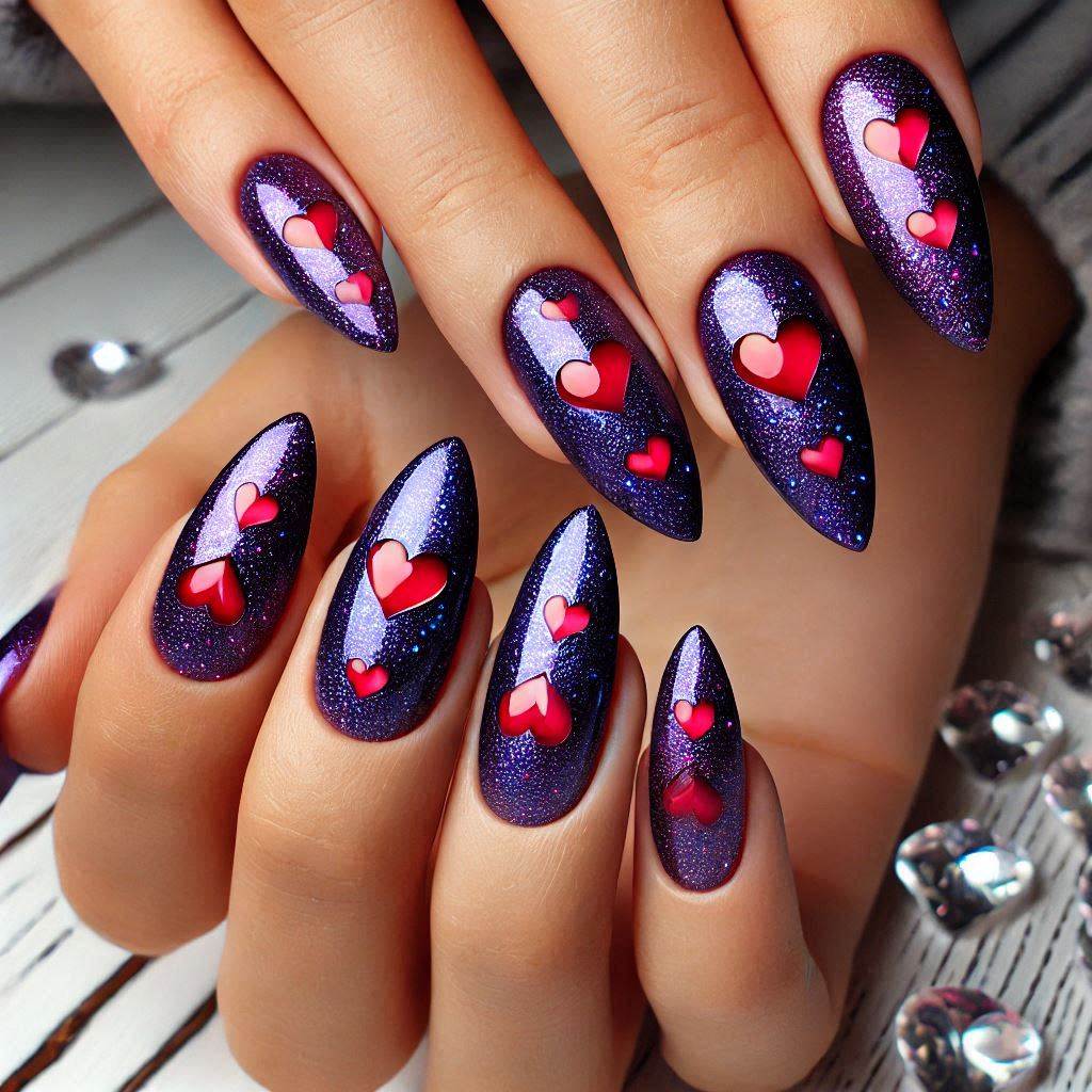 Almond Purple Nails with Red Hearts