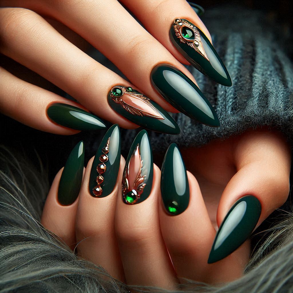 Deep Forest Green Almond Nails