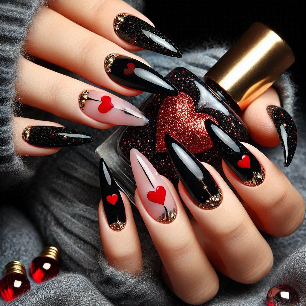 Black Heart Acrylic Nails with Red Glitter