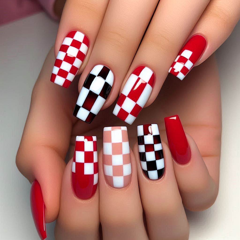 Simple Red and White Checkerboard Nails