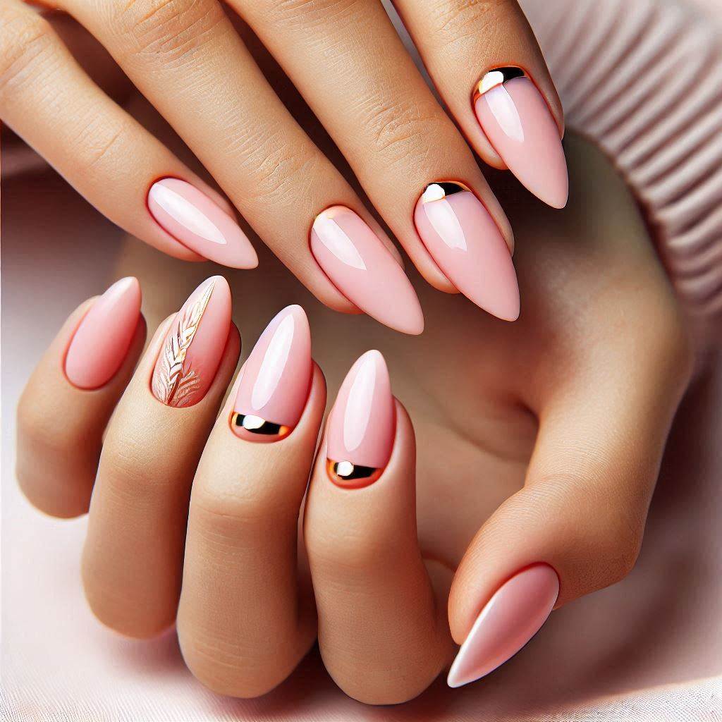 Cute Pink Almond Nails with Gold Accents